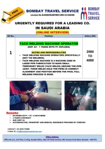 Tack Welding Machine Operator Job Opening in Saudi Arabia