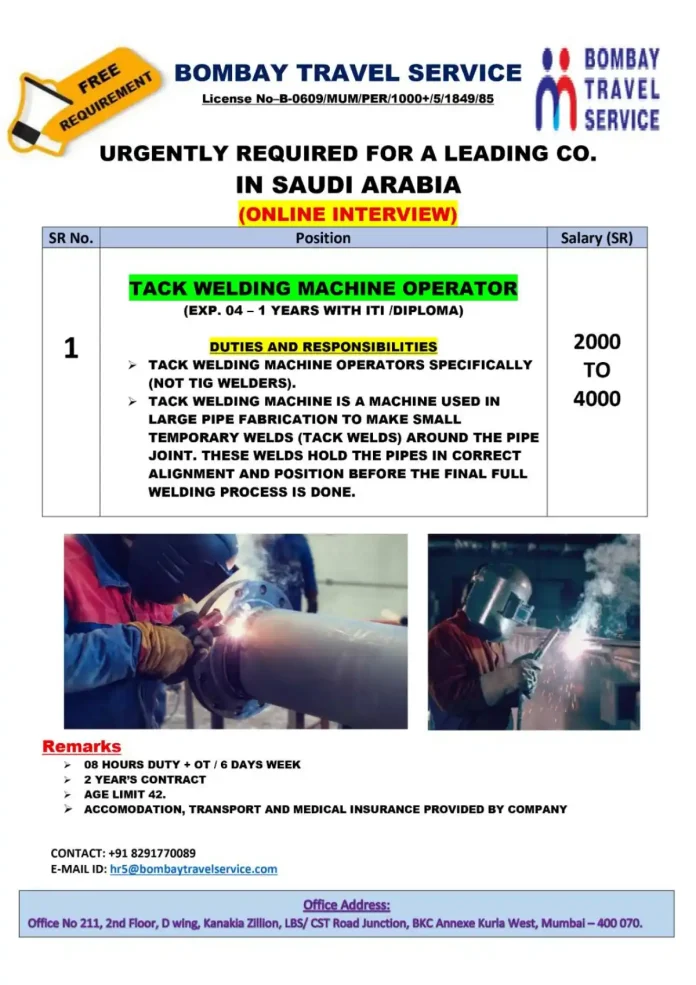 Tack Welding Machine Operator Job Opening in Saudi Arabia