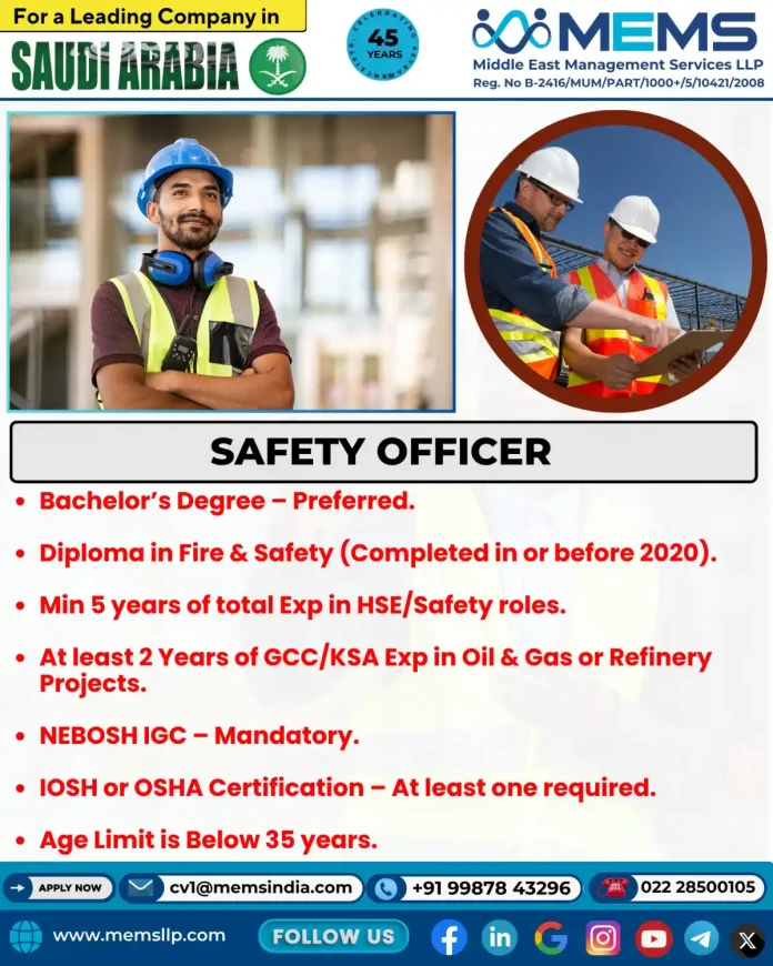 Gulf-Jobs-29-Oct-25-37 Safety Officer Career Opportunity at MEMS in Saudi Arabia