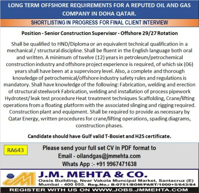 Gulf-Jobs-29-Oct-25-9 Senior Construction Supervisor Offshore Job Opportunity in Qatar Oil and Gas Industry
