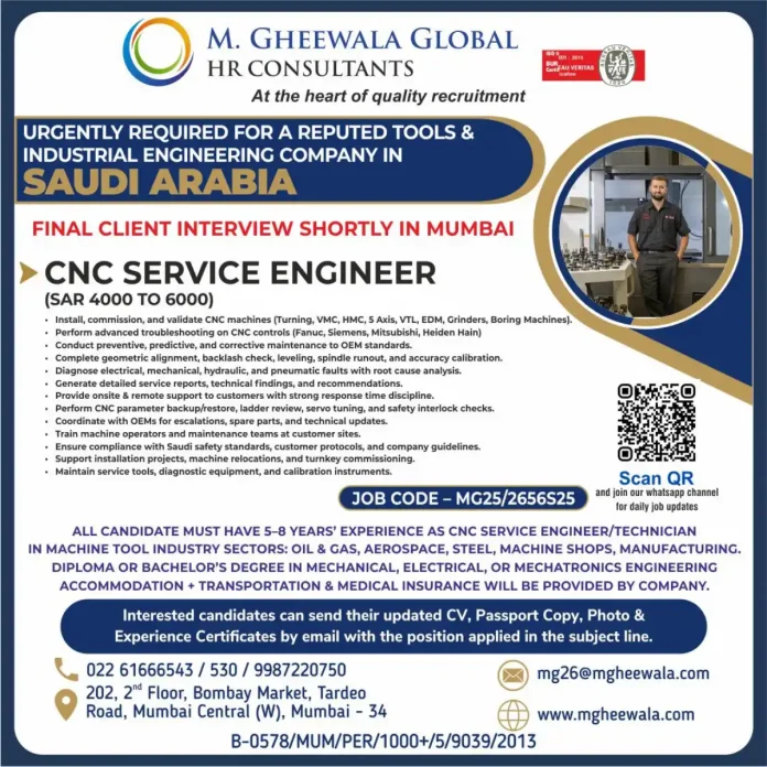 CNC Service Engineer Job Opportunity in Saudi Arabia