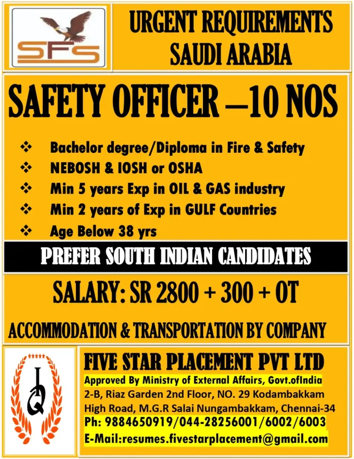 Safety Officer Job Opening in Saudi Arabia for Oil & Gas Industry
