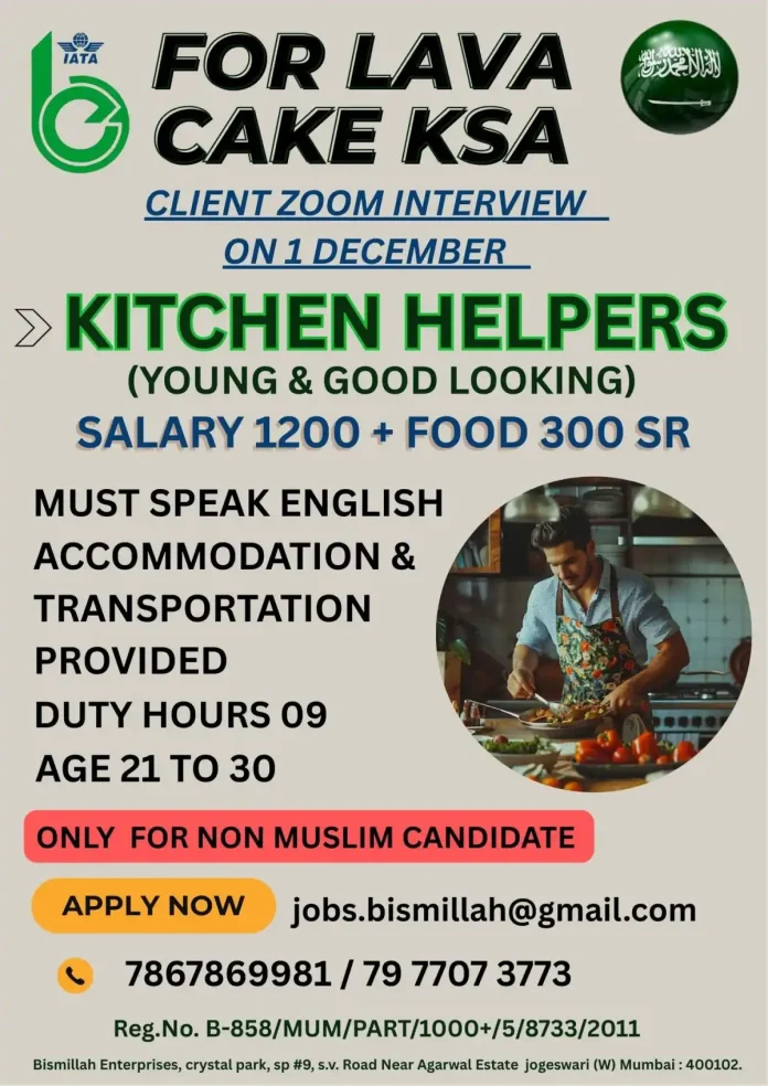 Kitchen Helper preparing food in a restaurant in KSA