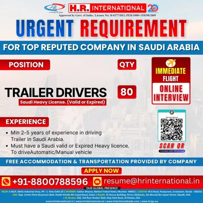 Trailer Driver Job Opportunity in Saudi Arabia with H.R. International
