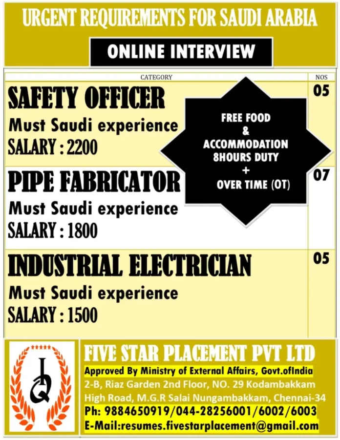 Job opportunities in Saudi Arabia for safety officers, pipe fabricators, and industrial electricians