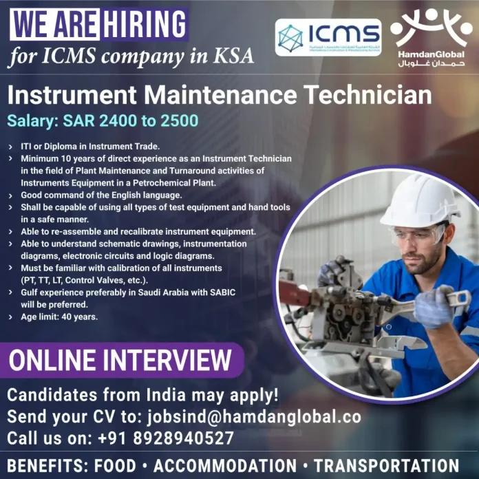 Instrument Maintenance Technician at ICMS Company in Saudi Arabia