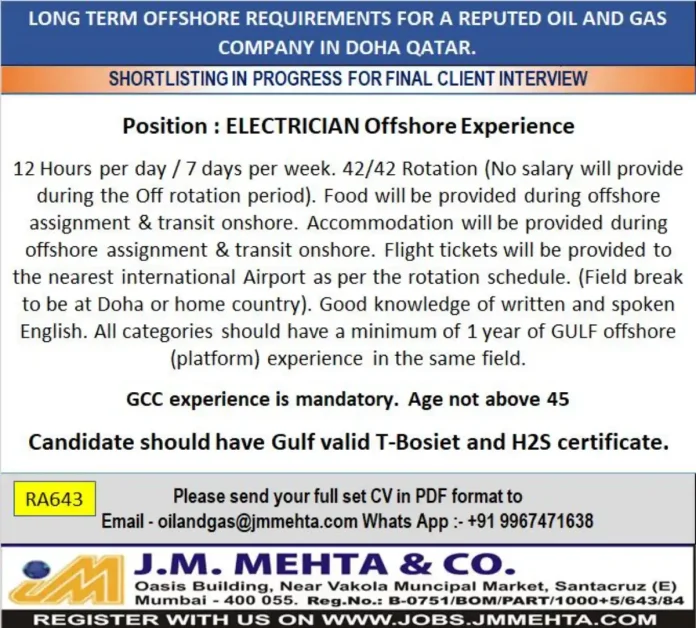 Offshore Electrician working on oil platform in Qatar