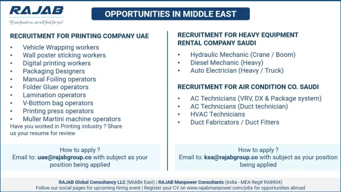 RAJAB recruitment poster for job opportunities in the Middle East