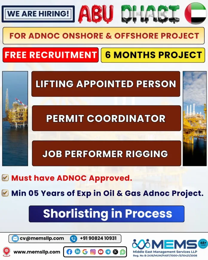 MEMS Recruitment for ADNOC Onshore and Offshore Jobs in Abu Dhabi