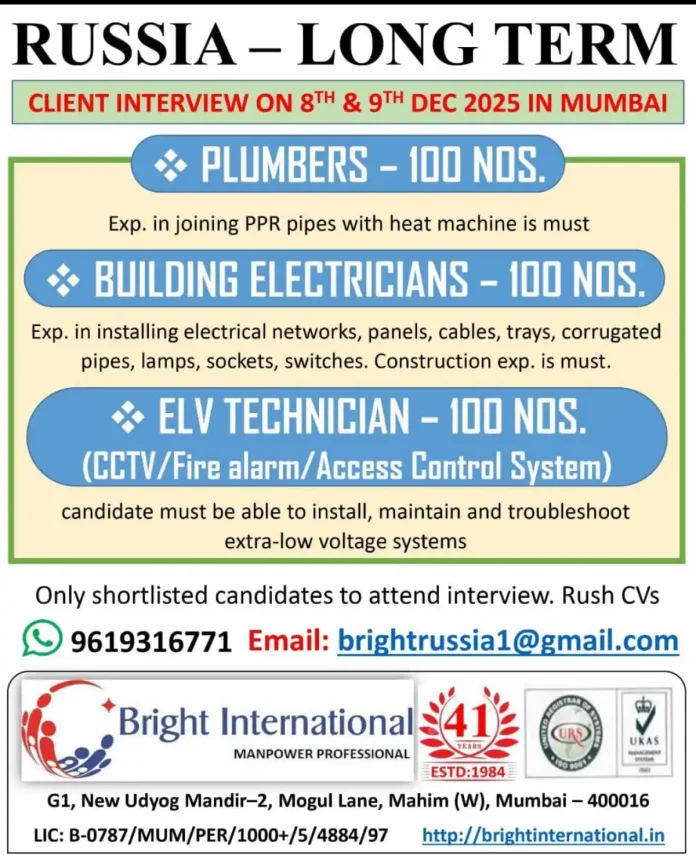 Bright International Russia Job Recruitment for Trades Professionals
