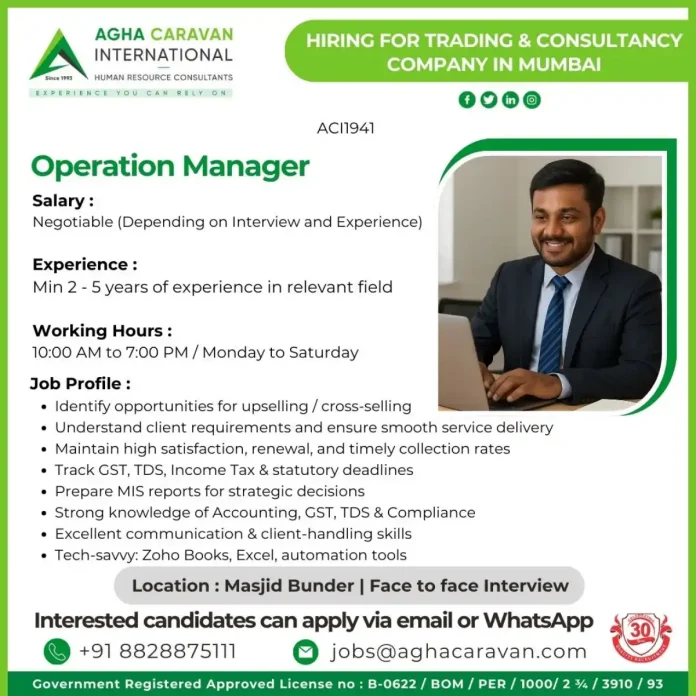 Operation Manager Recruitment by AGHA CARAVAN in Mumbai