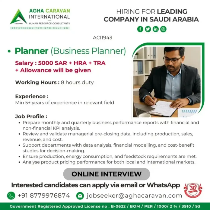 Business Planner Career Opportunity in Saudi Arabia with AGHA CARAVAN