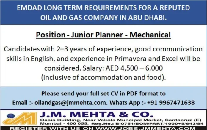 Junior Planner Mechanical Job in Abu Dhabi Oil and Gas Industry