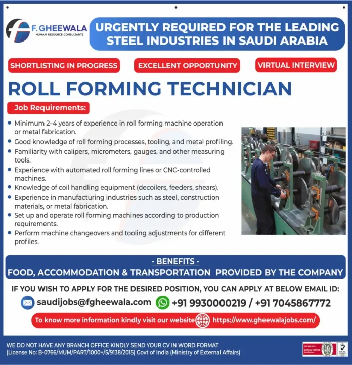 Roll Forming Technician Job Opportunity in Saudi Arabia Steel Industry