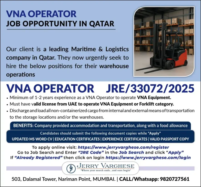 VNA Operator handling cargo in Qatar warehouse