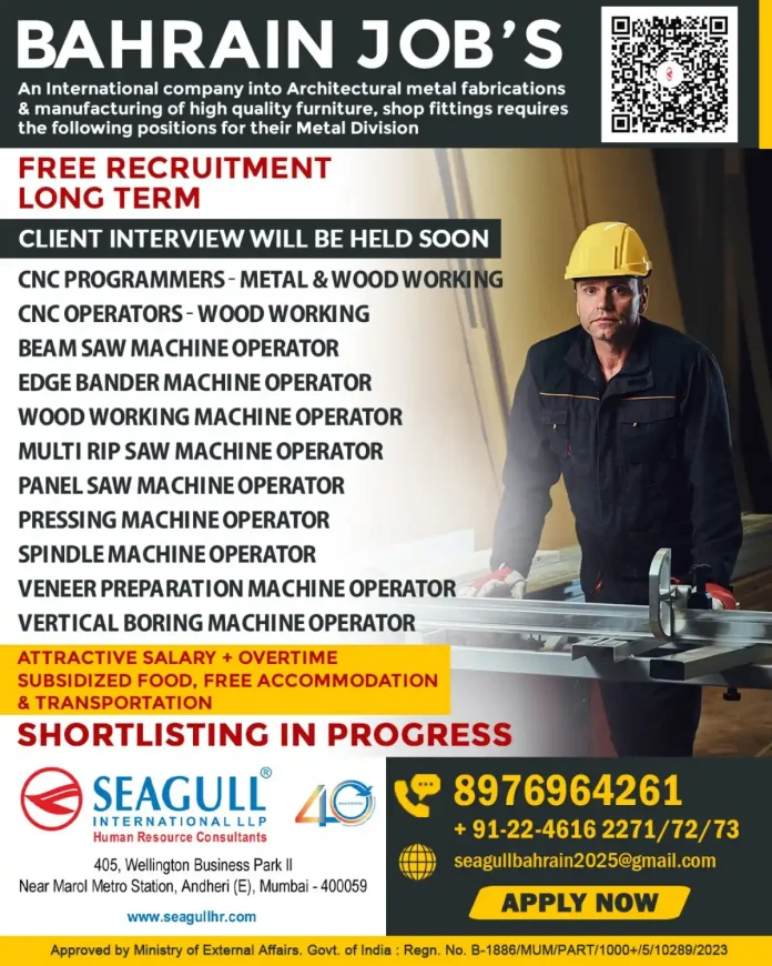 Seagull International LLP Recruitment for Bahrain CNC and Wood Working Jobs