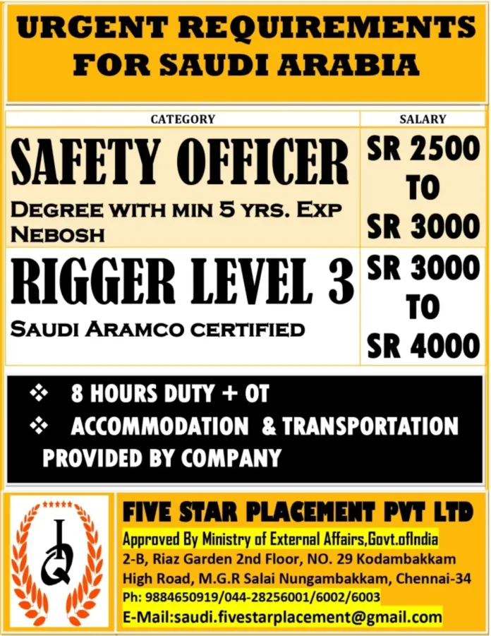 Safety Officer and Rigger Job Opportunities in Saudi Arabia with Five Star Placement