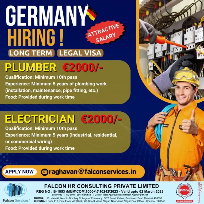 Falcon Services Recruitment for Plumber and Electrician Jobs in Germany
