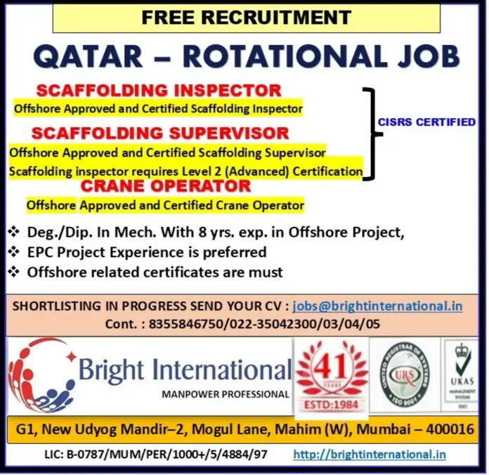 Offshore scaffolding and crane operation job opportunity in Qatar