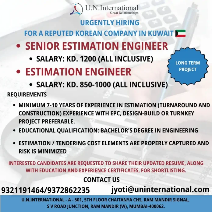 Estimation Engineer Job Opening in Kuwait with U.N. International