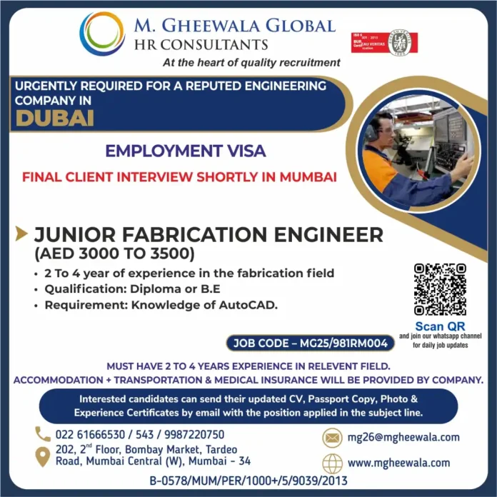 Junior Fabrication Engineer working in a Dubai engineering company