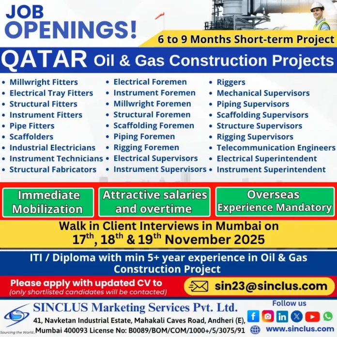 Career opportunities in Qatar Oil and Gas construction projects