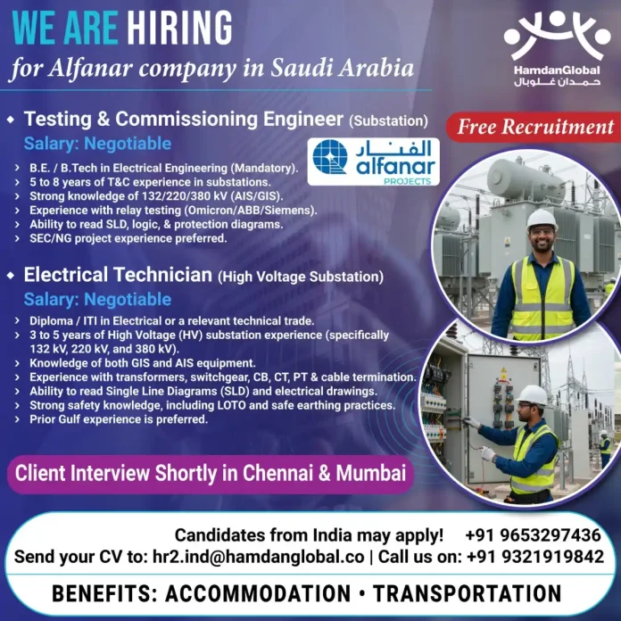 Alfanar Company Hiring for Substation Engineers and Technicians in Saudi Arabia