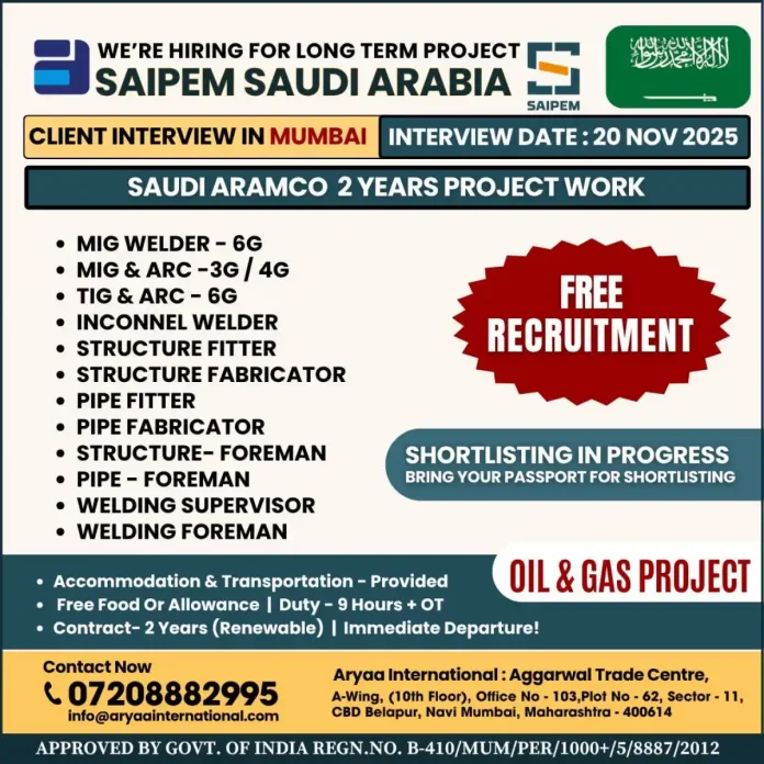 Saipem Saudi Arabia Job Opportunities for Welding and Fabrication