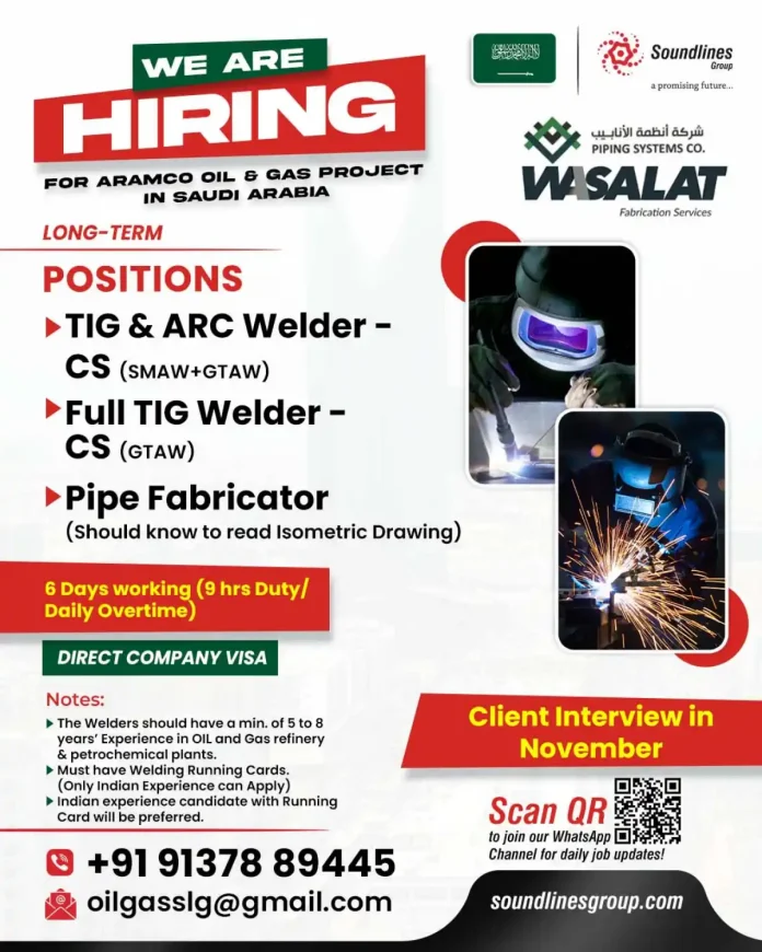 Skilled welder working on pipeline in oil and gas industry for Aramco project