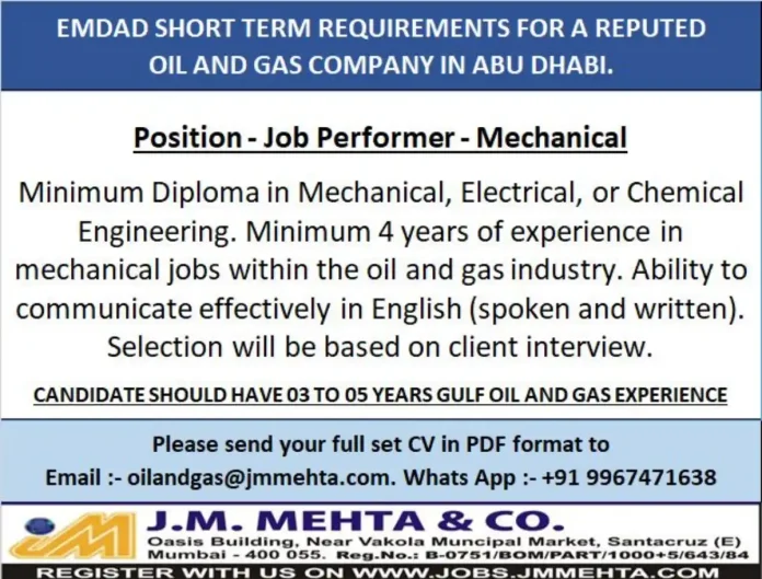 Job Performer Mechanical Position in Abu Dhabi Oil and Gas Industry
