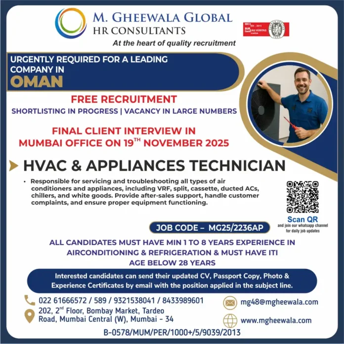 HVAC Technician servicing air conditioning unit in Oman