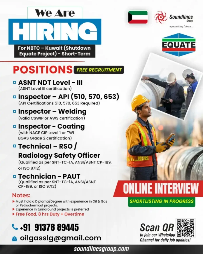 Soundlines Group Recruitment for NBTC Kuwait Equate Project Jobs
