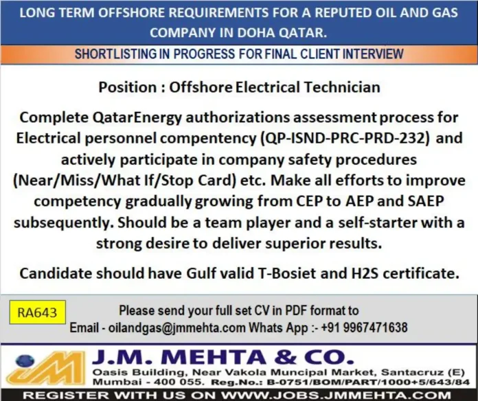 Offshore Electrical Technician Job Opportunity in Doha Qatar