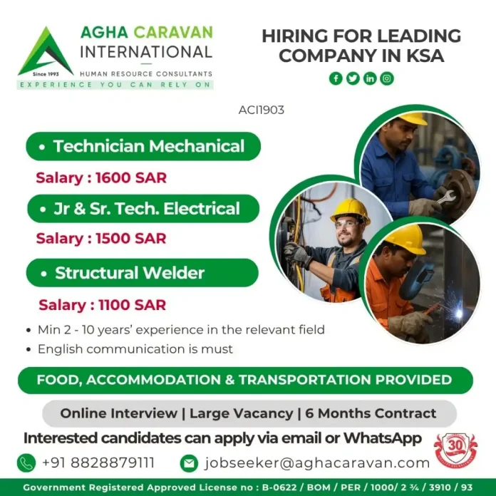 AGHA CARAVAN KSA Recruitment for Technical Jobs