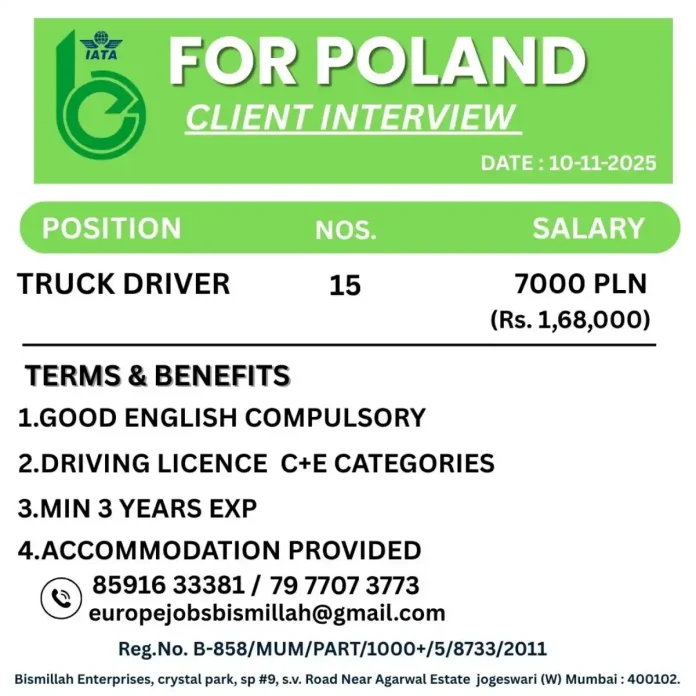 Truck Driver Employment Opportunity in Poland with IATA Certification