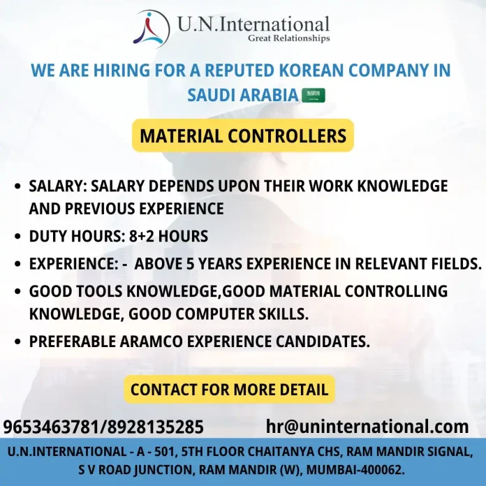 Material Controller Job Opening in Saudi Arabia with Korean Company