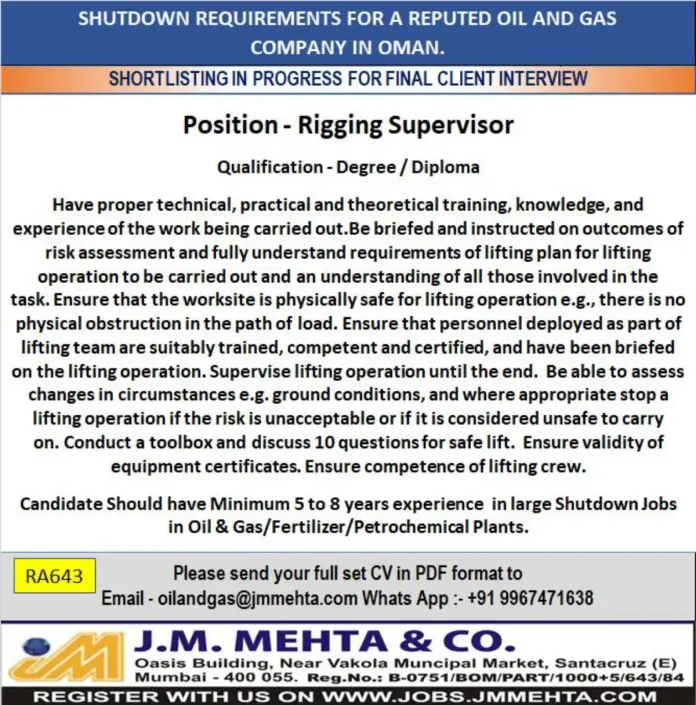 Rigging Supervisor job in Oman for oil and gas shutdown project