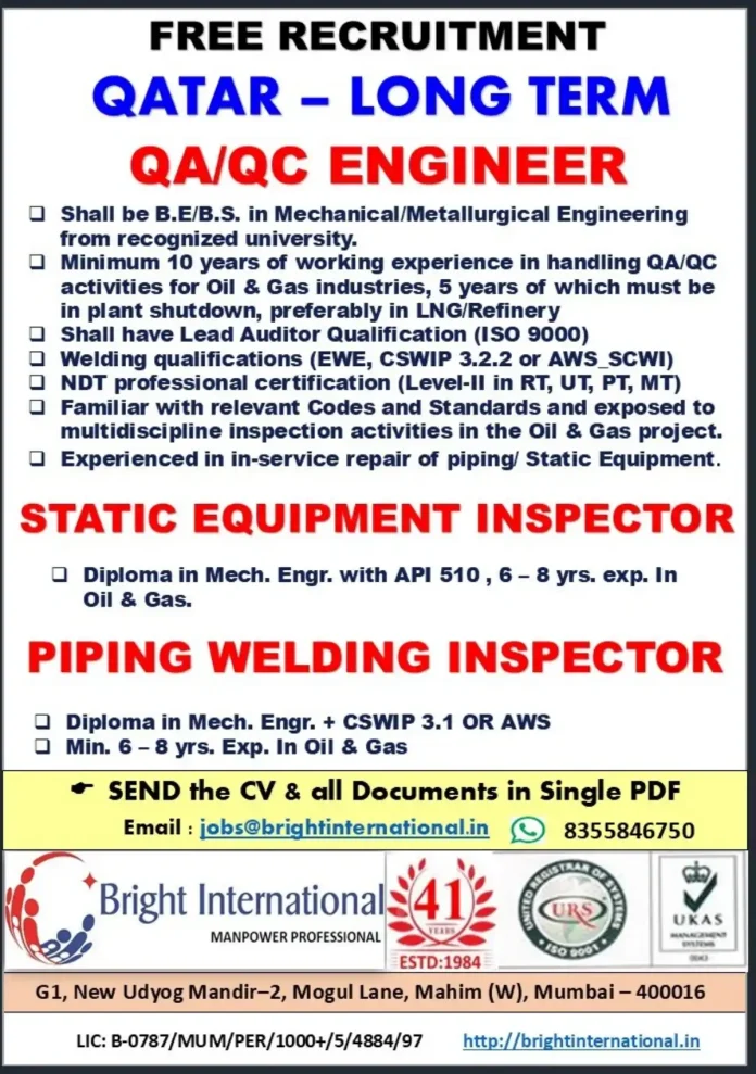 QA/QC Engineer inspecting equipment at an Oil & Gas facility in Qatar