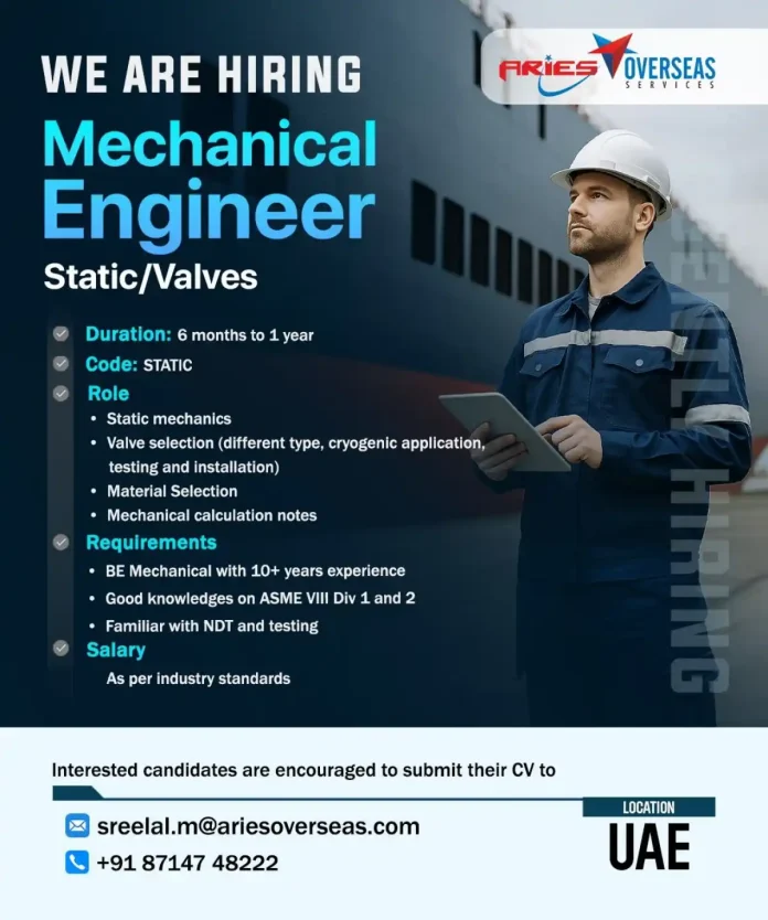 Mechanical Engineer Job Opportunity at ARIES OVERSEAS