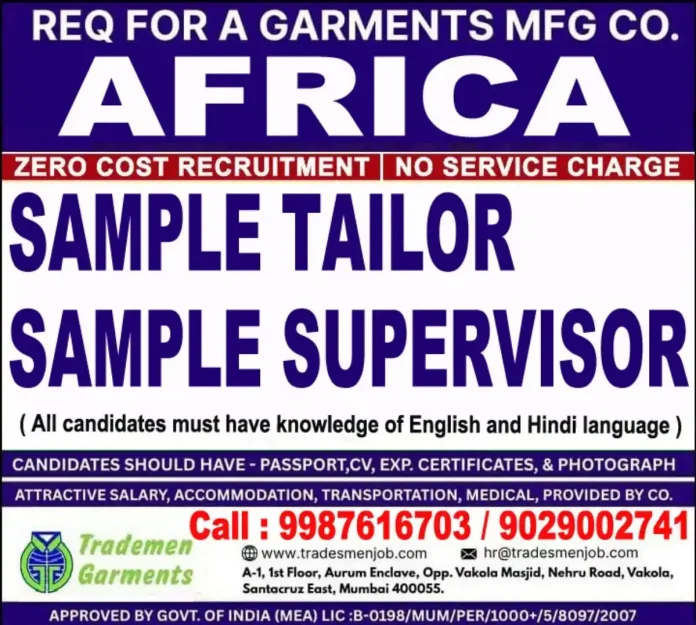 Garments Manufacturing Job Opportunities in Africa for Sample Tailor and Supervisor