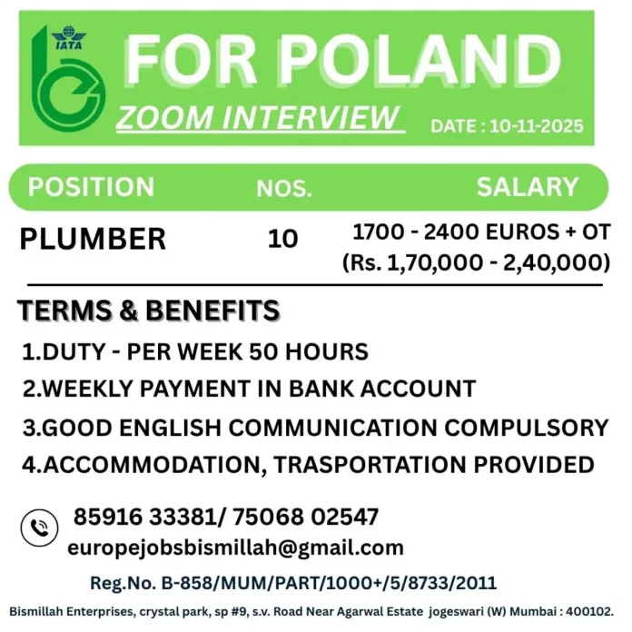 Plumber job opportunity in Poland with accommodation and transport