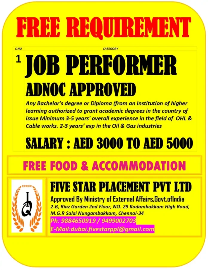 ADNOC Job Performer Recruitment Opportunity for OHL Cable Works in Oil Gas Industry