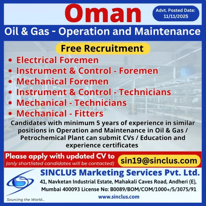 Oil and Gas Operation and Maintenance Jobs in Oman for Foremen and Technicians
