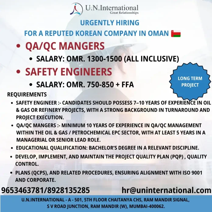 QA QC Manager and Safety Engineer job opportunities in Oman for oil and gas projects