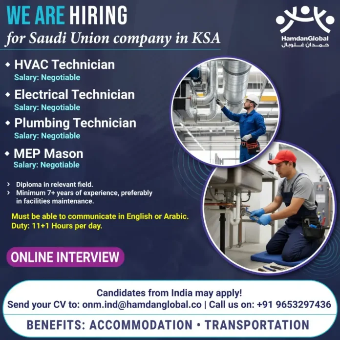 MEP technicians working on HVAC, electrical, and plumbing systems in Saudi Arabia
