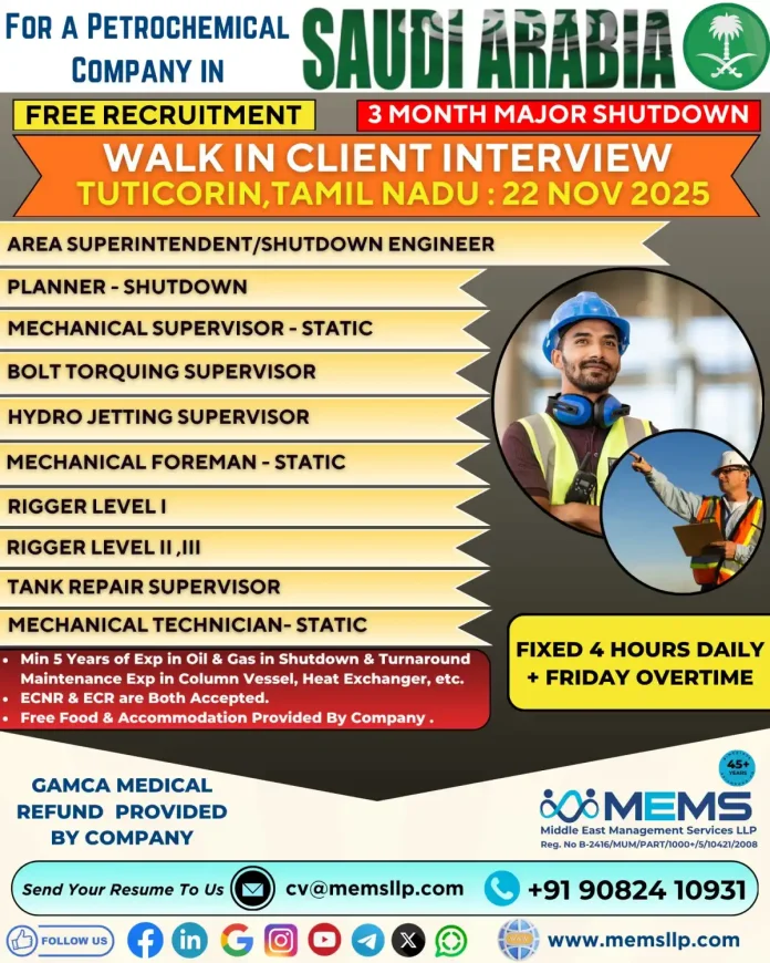 Recruitment for Petrochemical Shutdown Jobs in Saudi Arabia with MEMS