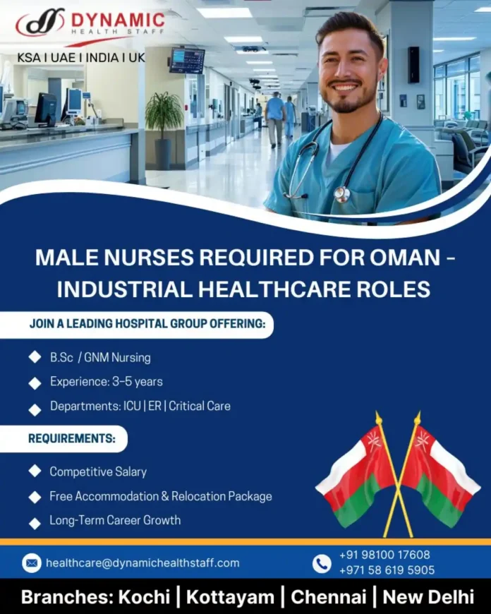 Male nurse providing healthcare in an industrial setting in Oman