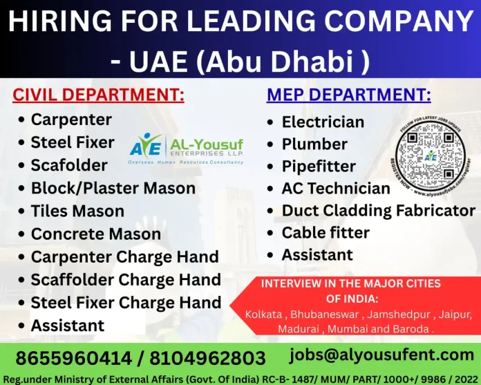 Recruitment for civil and MEP jobs in Abu Dhabi, UAE