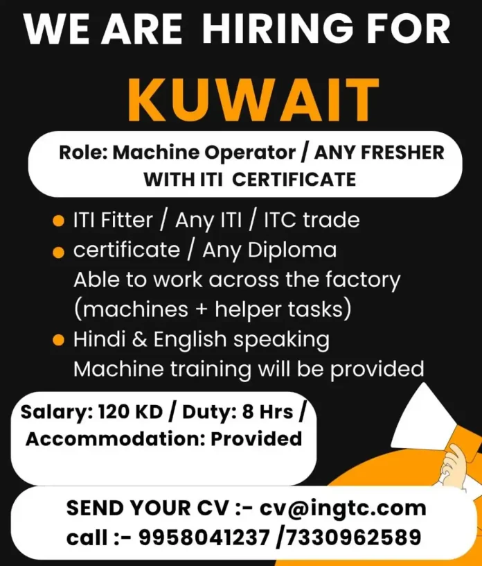 Machine Operator Job Opening in Kuwait for ITI Certified Freshers