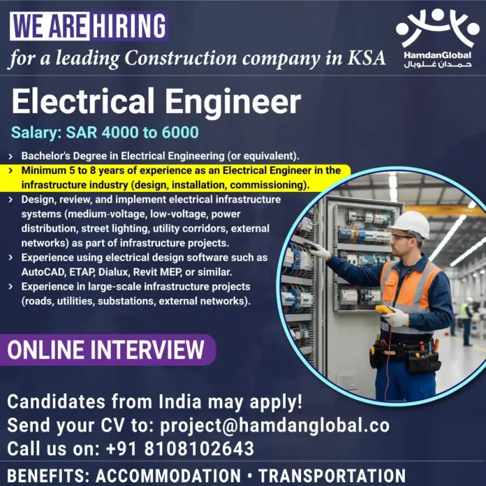 Electrical Engineer position at HamdanGlobal Construction Company in Saudi Arabia